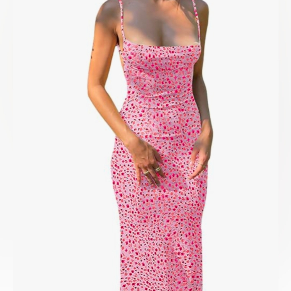 Pink flower Open Back Long DRESS Sz  S Maxi Tank Top Summer Thin Spaghetti Strap